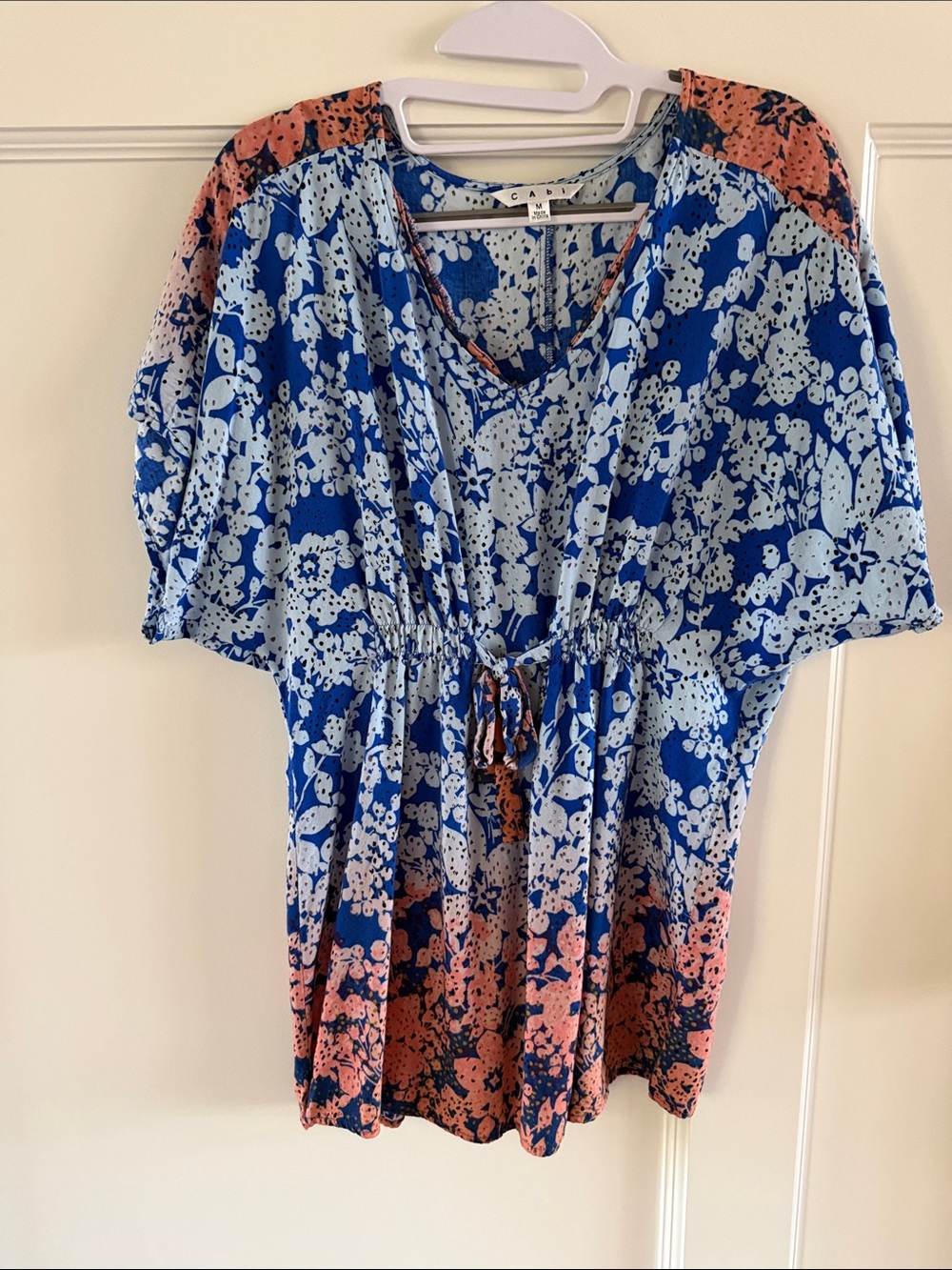 CAbi Blue and Coral Floral V-Neck Drawstring Tunic